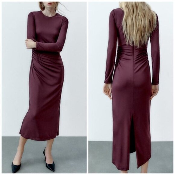 Zara Dresses & Skirts - Zara Bodycon Ruched Draped High Neck Long Sleeve Plum Midi Stretch Dress